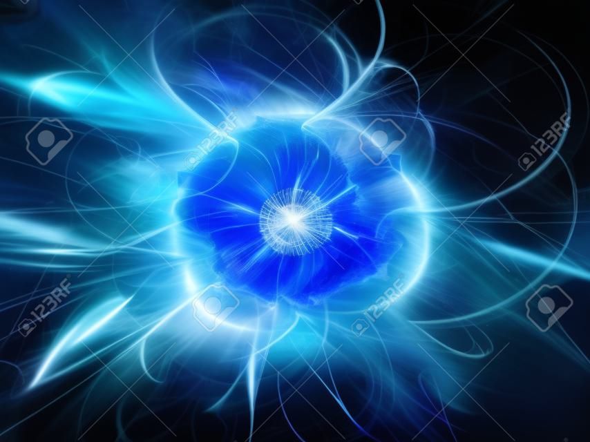 공간에서 파란색 빛나는 폭발, 고 에너지의 플라즈마 볼, 컴퓨터 생성 추상적 인 배경