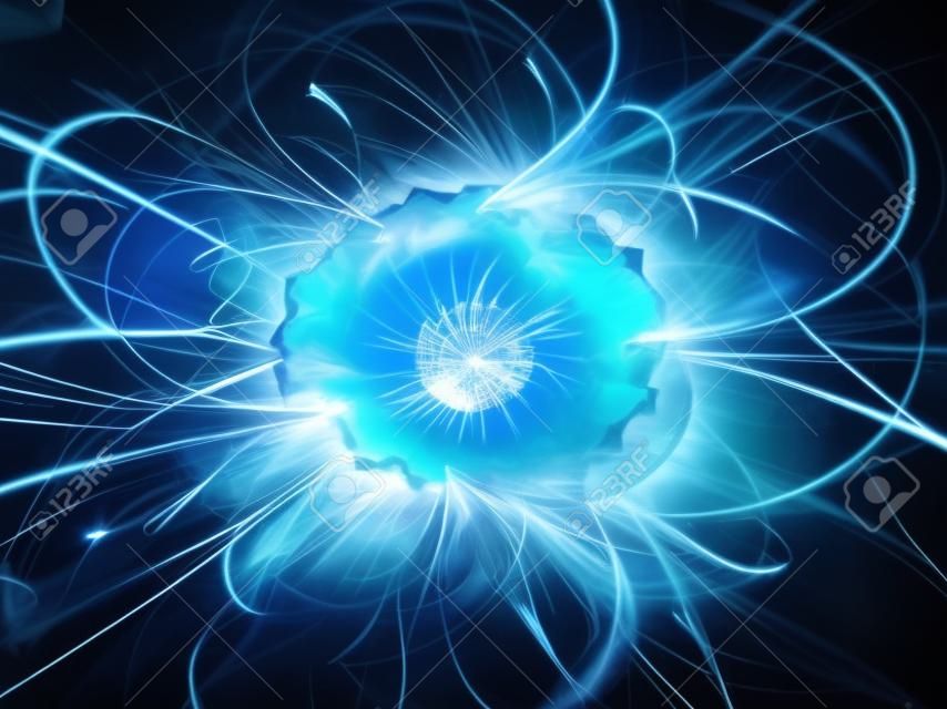 Niebieski świecące wybuch w przestrzeni, wysokiej energii kula plazmy, generowany komputerowo streszczenie tle