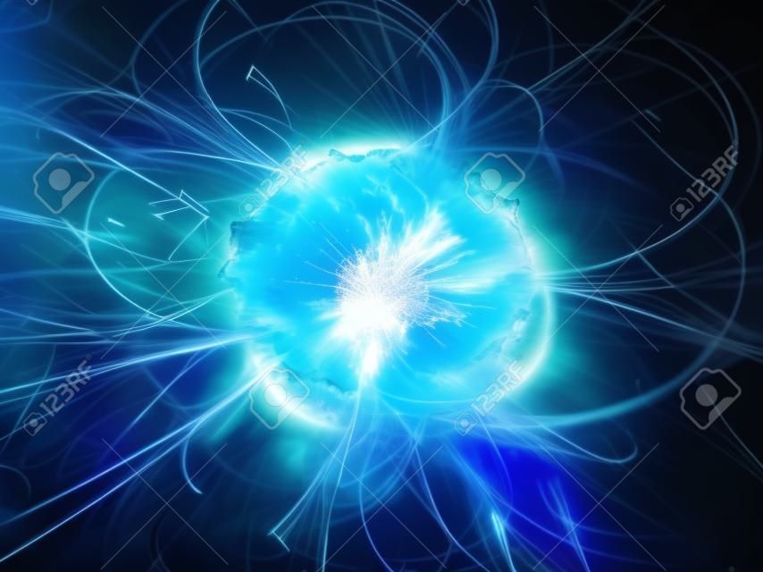 공간에서 파란색 빛나는 폭발, 고 에너지의 플라즈마 볼, 컴퓨터 생성 추상적 인 배경