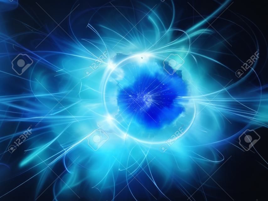 Blu incandescente esplosione nello spazio, sfera di plasma ad alta energia, generato dal computer sfondo astratto
