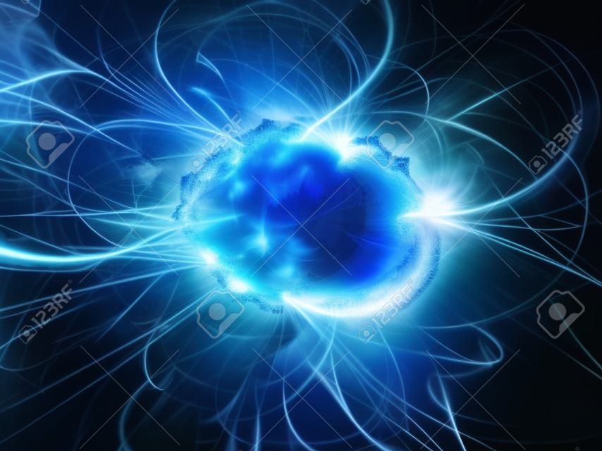 Explosão brilhante azul no espaço, bola de plasma de alta energia, computador gerado fundo abstrato