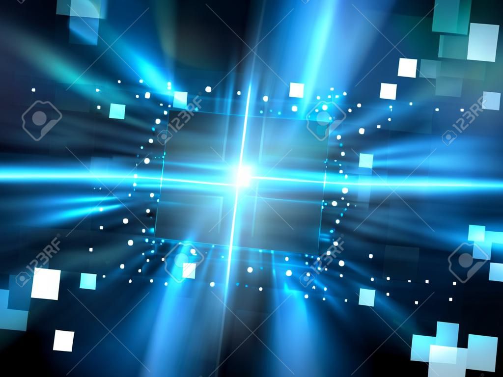 粒子と青い光るハードウェア、コンピューター生成された抽象的な背景