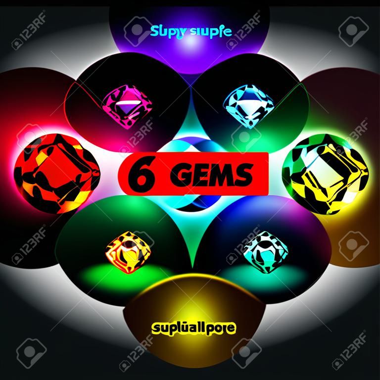 6 gemme su sfondo astratto a colori. Illustrazione vettoriale