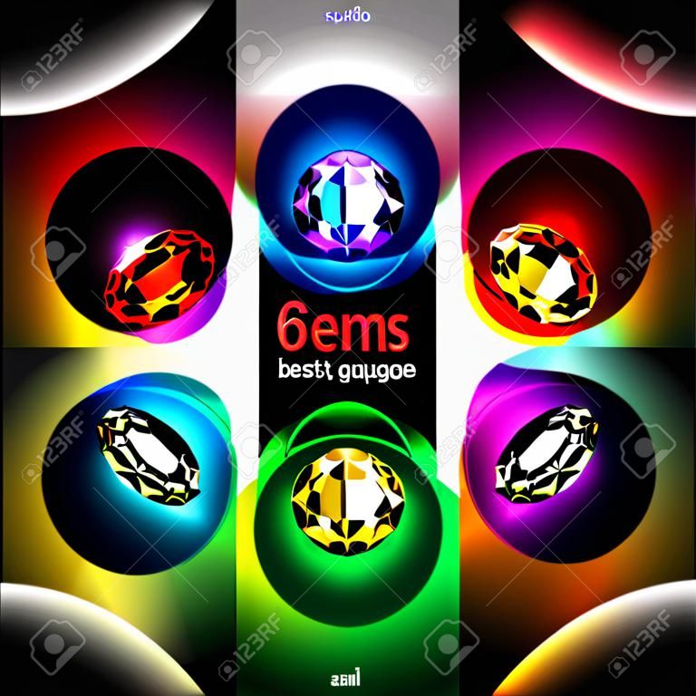 6 gemme su sfondo astratto a colori. Illustrazione vettoriale