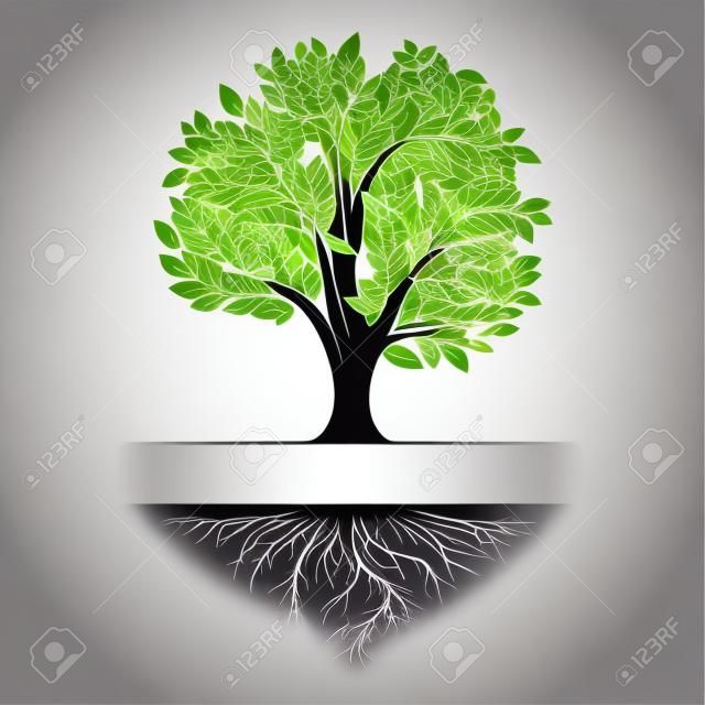 Logo zielonego drzewa życia z korzeniami i liśćmi. wektor ilustracja ikona na białym tle.