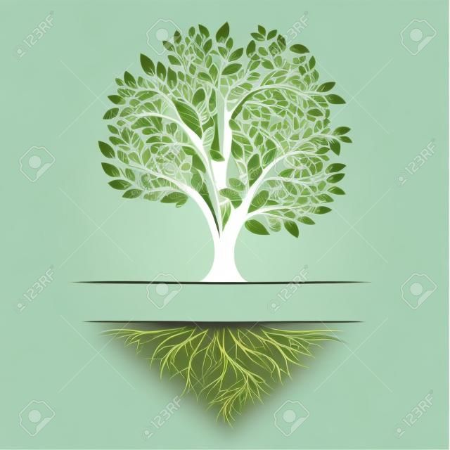 Logotipo de un árbol de vida verde con raíces y hojas. Icono de ilustración vectorial aislado sobre fondo blanco.