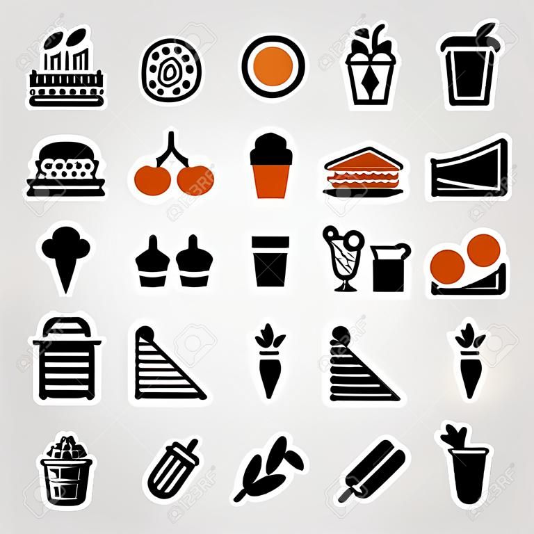 Conjunto de iconos de vector de alimentos y bebidas. Zanahoria, carne, taza de café y jugo de naranja.