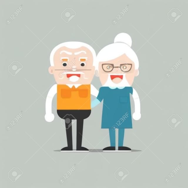 Gepensioneerd oudere senior leeftijd paar in creatieve platte vector karakter ontwerp.. Opa en oma staan volledige lengte glimlachen