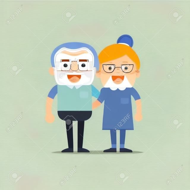 Пенсионеры пожилой возраст старшего пара в творческой плоский дизайн вектор символов | Дедушка и бабушка, стоя в полный рост улыбается