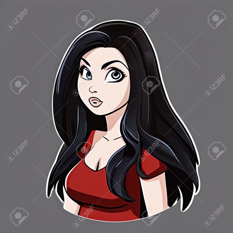 美しい漫画笑顔の女の子の肖像画。長い黒髪、大きな灰色の目、赤いシャツ。