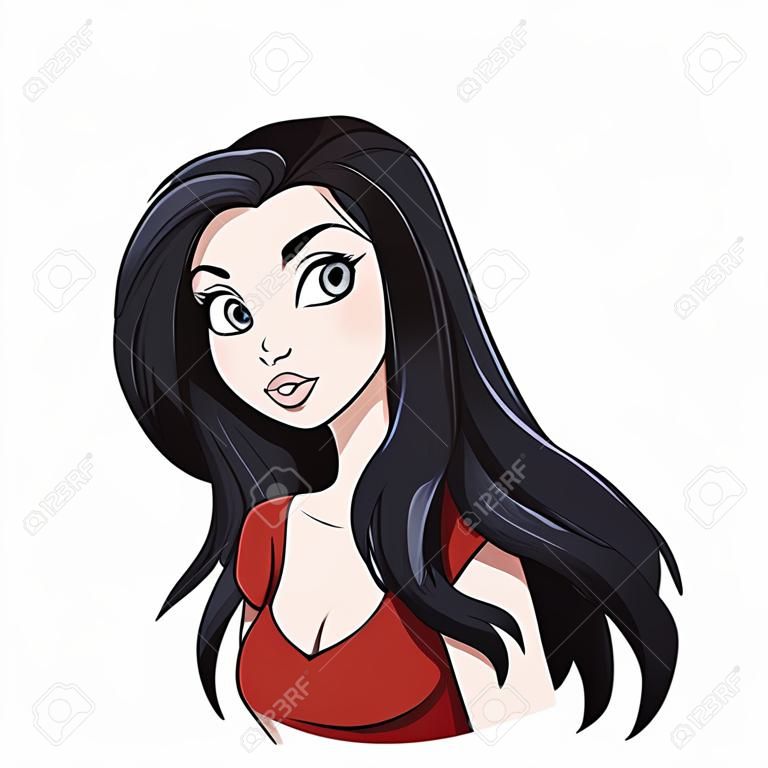 Portrait de jeune fille souriante de beau dessin animé. Longs cheveux noirs, grands yeux gris, chemise rouge.