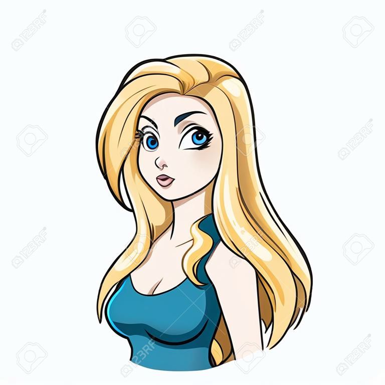 Retrato bonito da menina do sorriso dos desenhos animados. Cabelo loiro longo, olhos azuis grandes, camisa azul.