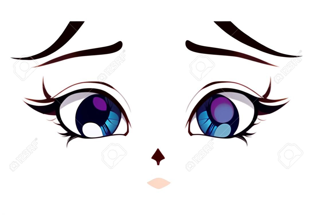 Cara de anime triste. Grandes ojos azules estilo manga, naricita y boca kawaii. Ilustración de dibujos animados de vector dibujado a mano.