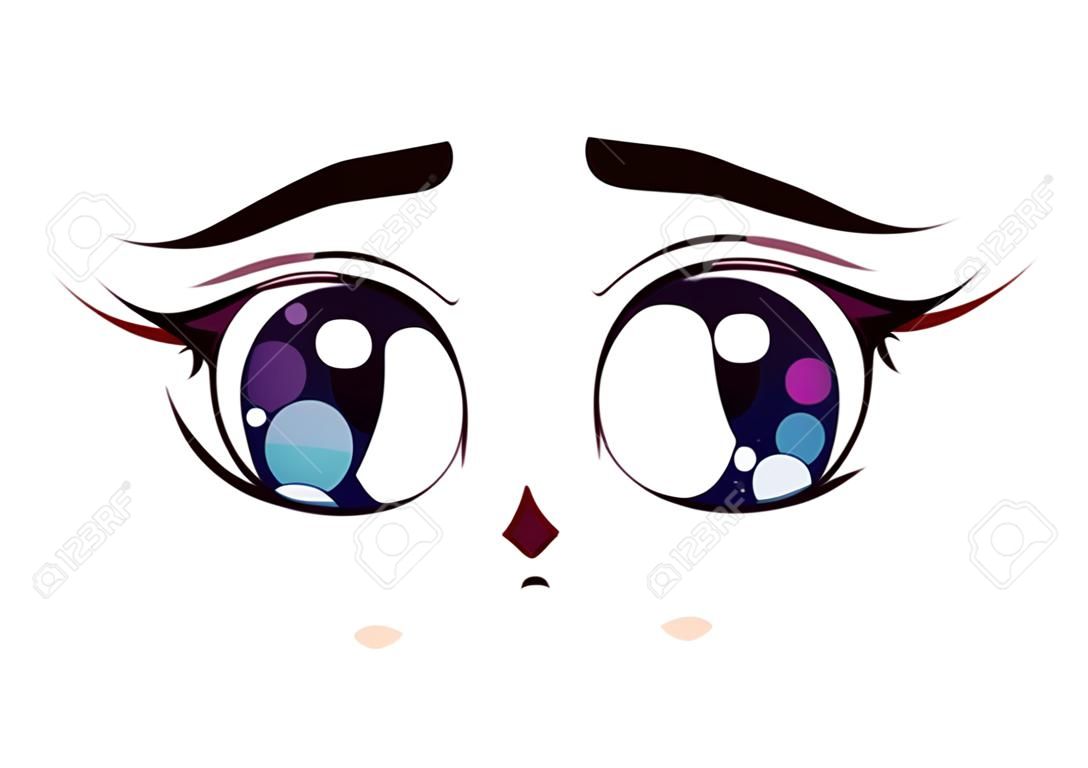 Cara de anime triste. Grandes ojos azules estilo manga, naricita y boca kawaii. Ilustración de dibujos animados de vector dibujado a mano.