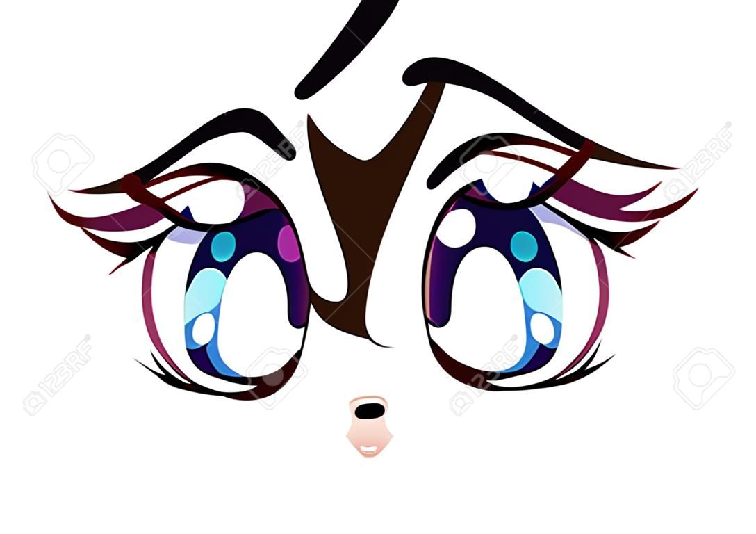 Zaskoczona twarz anime. Duże niebieskie oczy w stylu mangi, mały nos i usta kawaii. Ręcznie rysowane ilustracja kreskówka wektor.