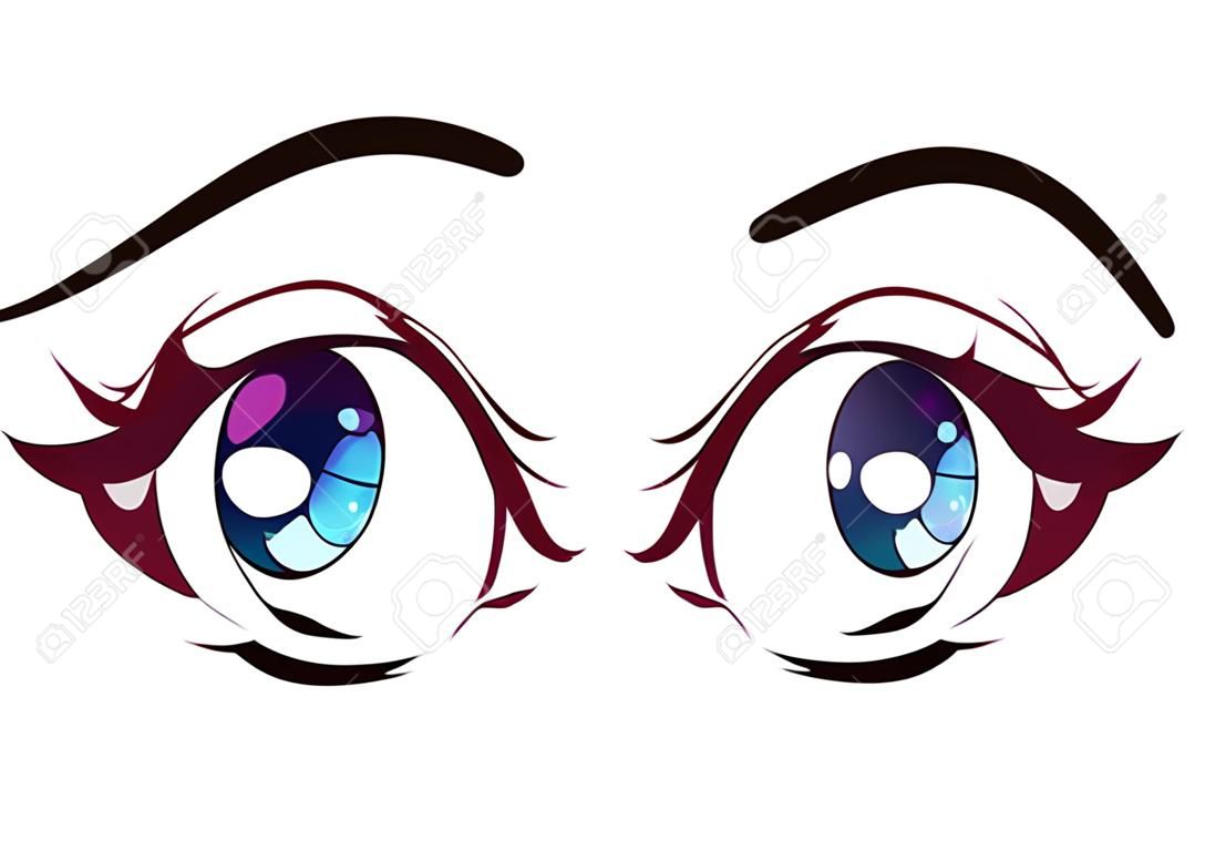 Cara de anime sorprendida. Grandes ojos azules estilo manga, naricita y boca kawaii. Ilustración de dibujos animados de vector dibujado a mano.