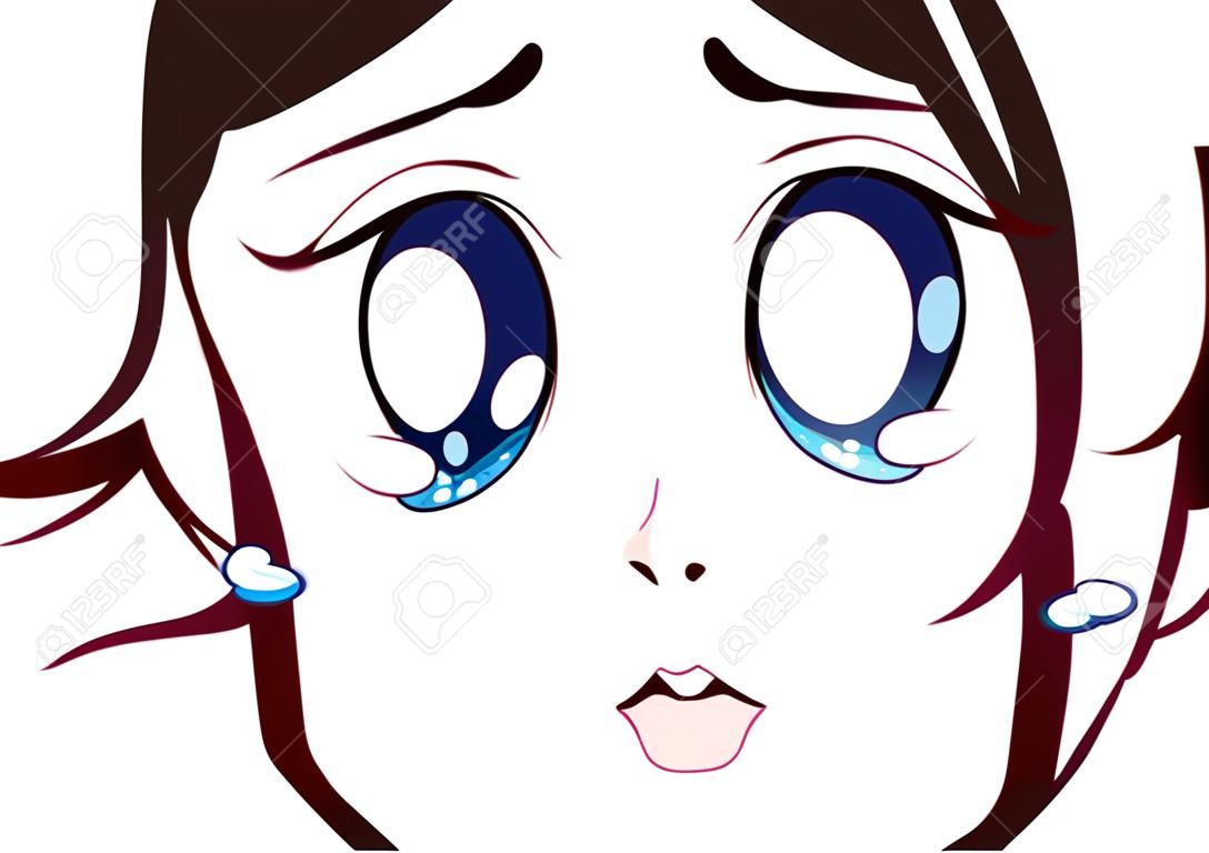 Cara de anime triste. Grandes ojos azules estilo manga, naricita y boca kawaii. Lágrimas en sus ojos. Ilustración de dibujos animados de vector dibujado a mano.