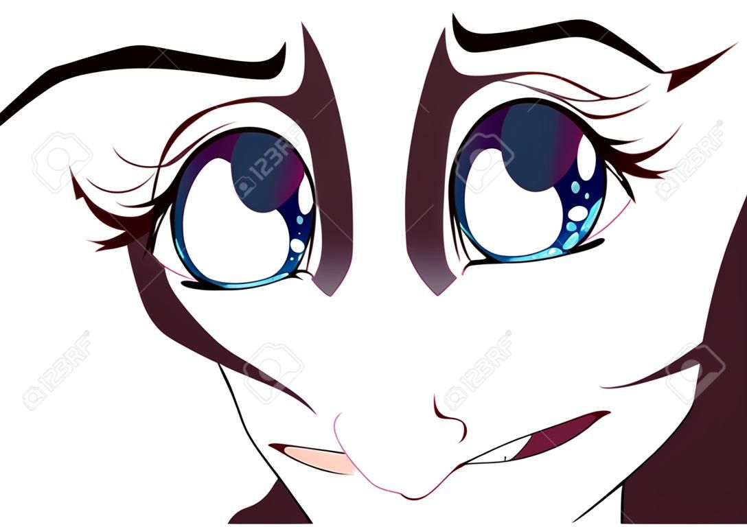 Smutna twarz anime. Duże niebieskie oczy w stylu mangi, mały nos i usta kawaii. Łzy w jej oczach. Ręcznie rysowane ilustracja kreskówka wektor.
