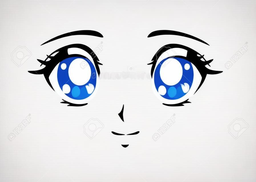 Happy anime face. Manga style big blue eyes, little nose and kawaii mouth. Hand drawn vector illustration. Isolated on white.