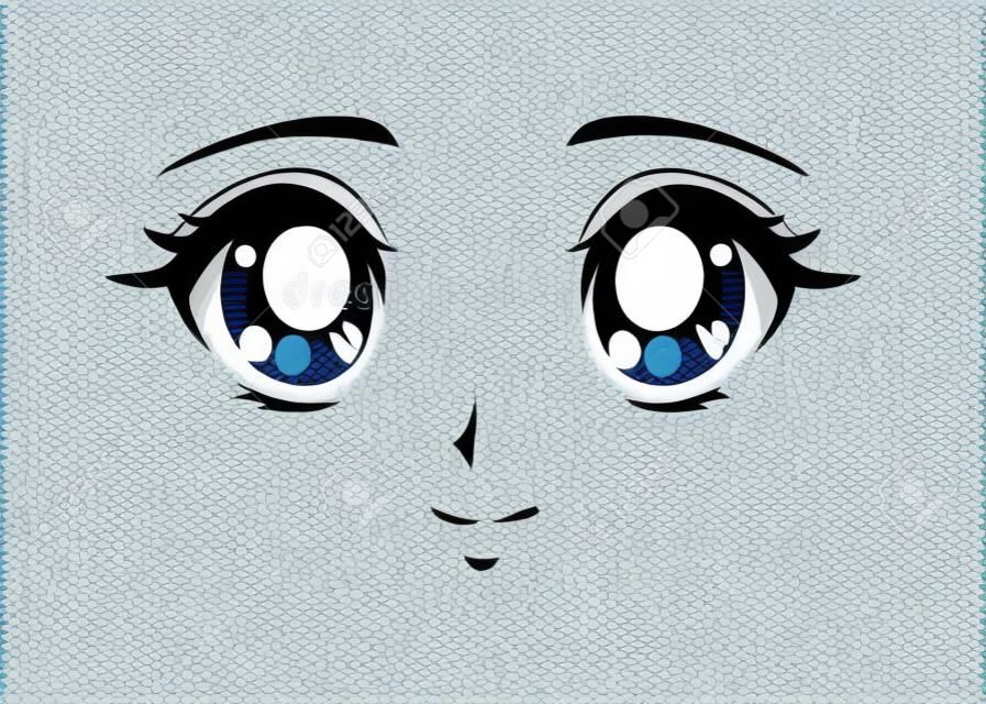 Visage d'anime heureux. Grands yeux bleus de style manga, petit nez et bouche kawaii. Illustration vectorielle dessinés à la main. Isolé sur blanc.