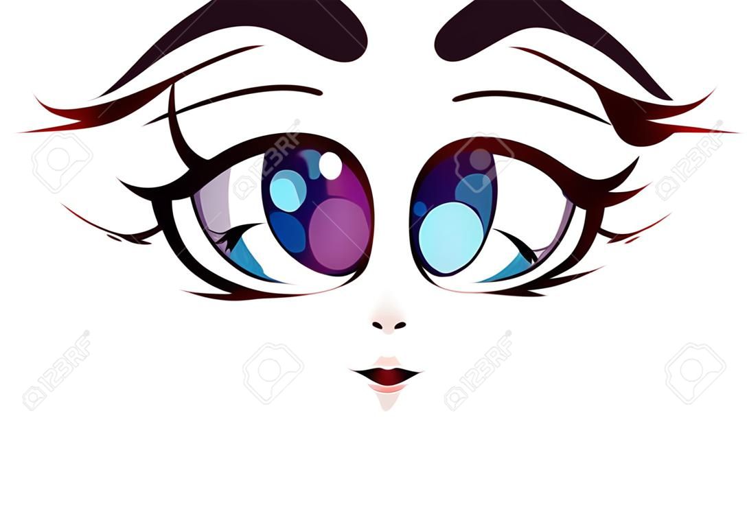 Happy anime face. Manga style big blue eyes, little nose and kawaii mouth. Hand drawn vector illustration. Isolated on white.