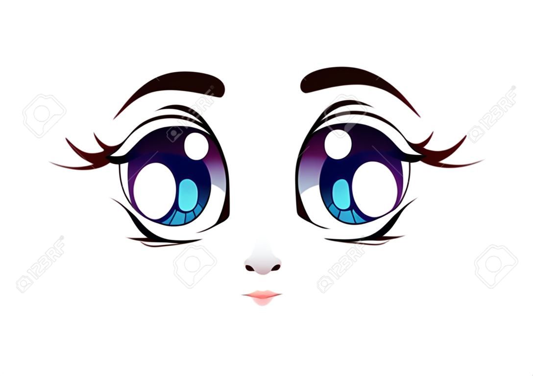 Visage d'anime heureux. Grands yeux bleus de style manga, petit nez et bouche kawaii. Illustration vectorielle dessinés à la main. Isolé sur blanc.