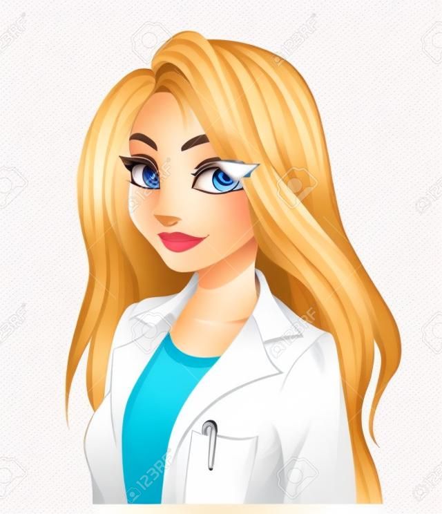 긴 금발 머리를 가진 여자 의사입니다. 손으로 그린 그림.