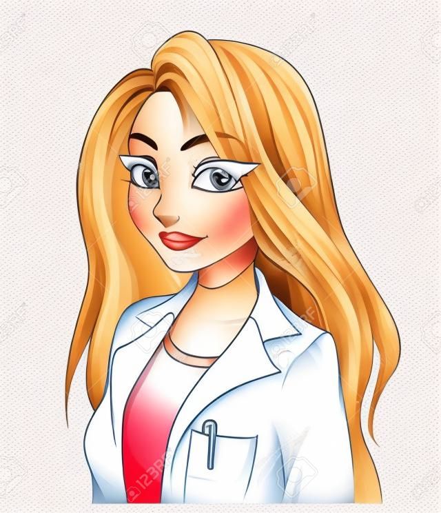 긴 금발 머리를 가진 여자 의사입니다. 손으로 그린 그림.