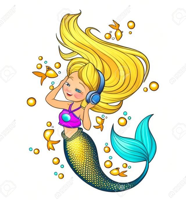Schattig blondje zeemeermin draagt een t-shirt luister naar muziek. Kleine gouden vissen en bubbels op de achtergrond. Hand getekend glanzend vector illustratie. Geïsoleerd op wit