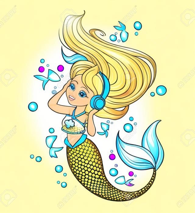 Schattig blondje zeemeermin draagt een t-shirt luister naar muziek. Kleine gouden vissen en bubbels op de achtergrond. Hand getekend glanzend vector illustratie. Geïsoleerd op wit