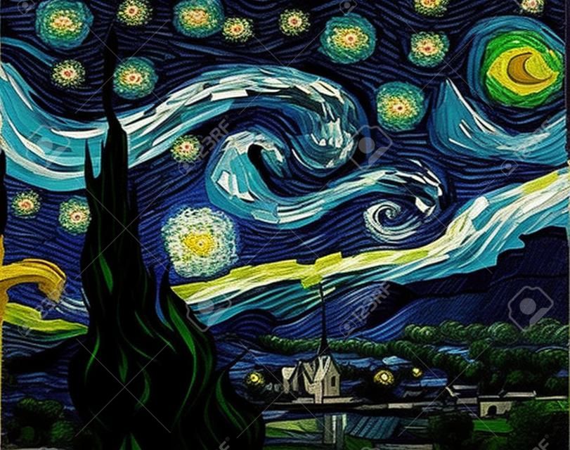The Starry Night - Vincent van Gogh painting in Low Poly style. Conceptual Polygonal Vector Illustration