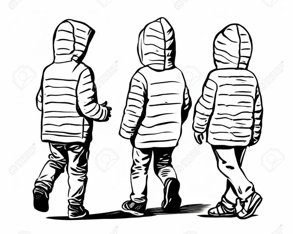 フード付きのジャケットを着た小さな子供たちが屋外を歩く手描き