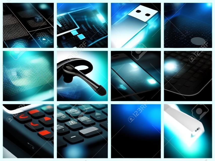 collage of technological and communication devices used in business