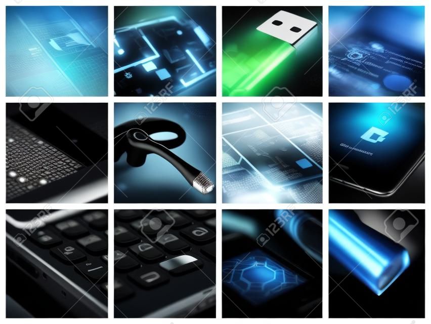 collage of technological and communication devices used in business