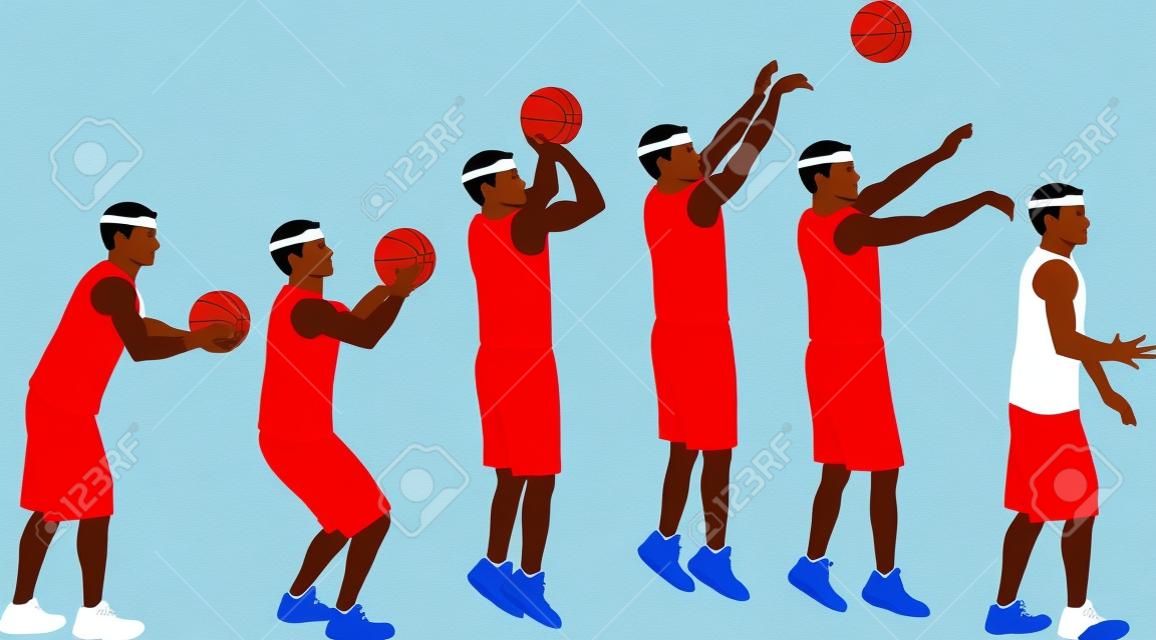 Uma ilustração de um jogador de basquete masculino com uma animação passos de atirar uma bola.