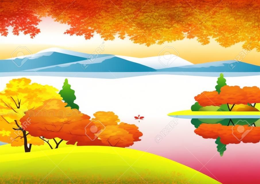 Autumn nature landscape. Colorful minimal cartoon. Fall season banner background. Boat on calm river water, red maple autumn hill. Alps mountain valley lake scenic view. Outdoors vector Illustration