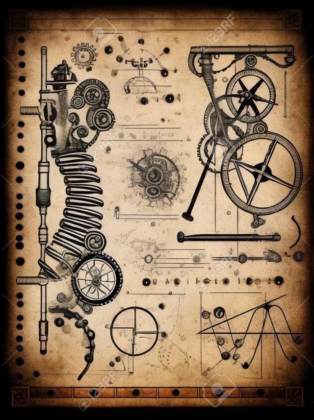 Graphic set with steam punk mechanism in human backbone, math formulas and retro machine. Hand drawn vintage illustration, sketch tattoo, old science background with mystic symbols