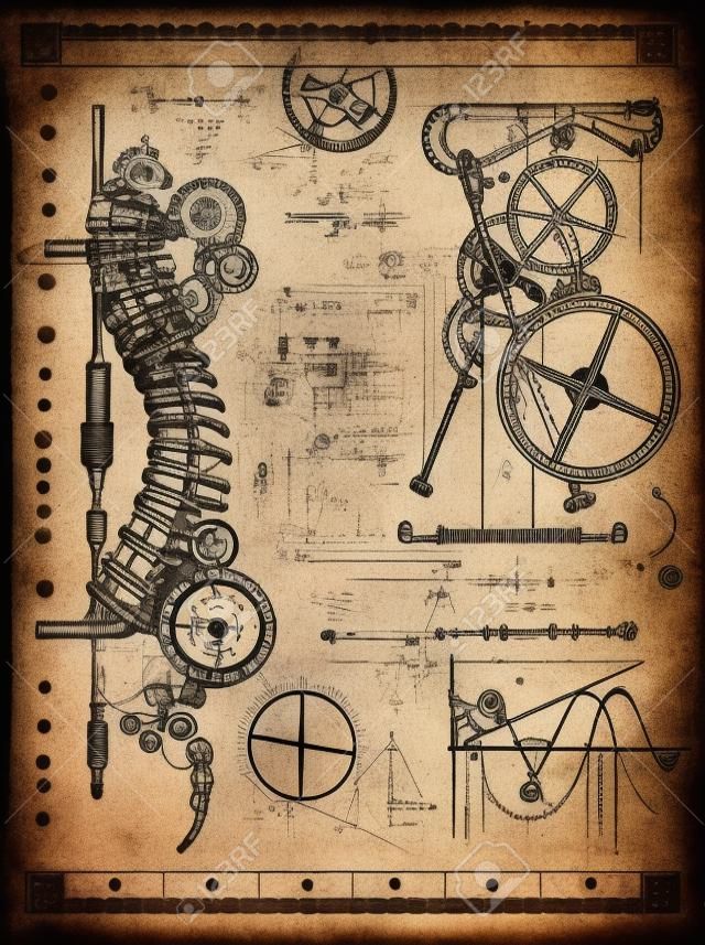 인간의 등뼈, 수학 수식 및 복고풍 기계에서 증기 펑크 메커니즘으로 설정된 그래픽. 손으로 그린 ​​된 빈티지 그림 스케치 문신, 신비한 기호로 오래 된 과학 배경