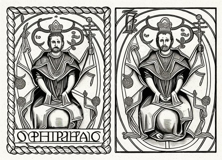 The hierophant. The major arcana tarot card, vintage hand drawn engraved illustration with mystic symbols. Priest or magician sitting on stone and holding wand. Man and woman praying.