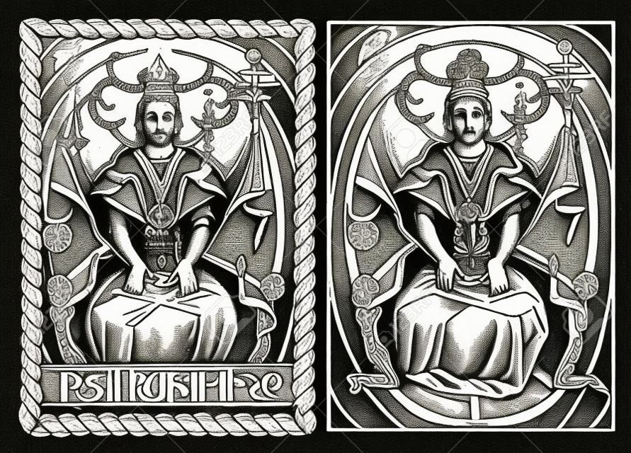 교황. 주요 arcana 타로 카드, 빈티지 손 신비한 기호로 그려진 된 그림을 그려. 사제 또는 마술사 돌에 앉아 지팡이 들고. 남자와 여자기도입니다.