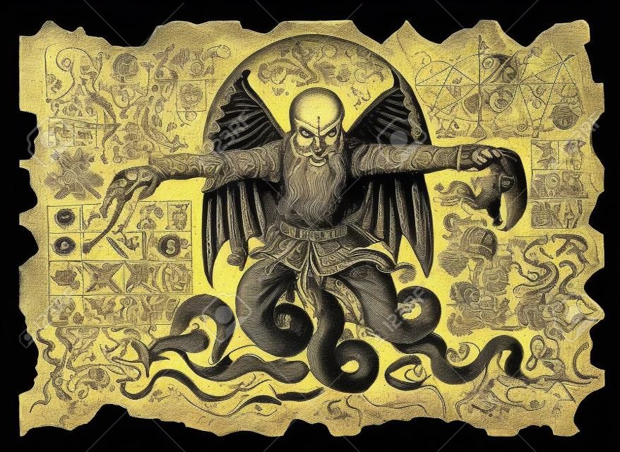 Vecchia pergamena con disegni mistici con demone malvagio e simboli di magia nera. illustrazioni occulti ed esoterici. Non vi è alcun testo straniero nell'immagine, tutti i simboli sono quelli immaginari e di fantasia