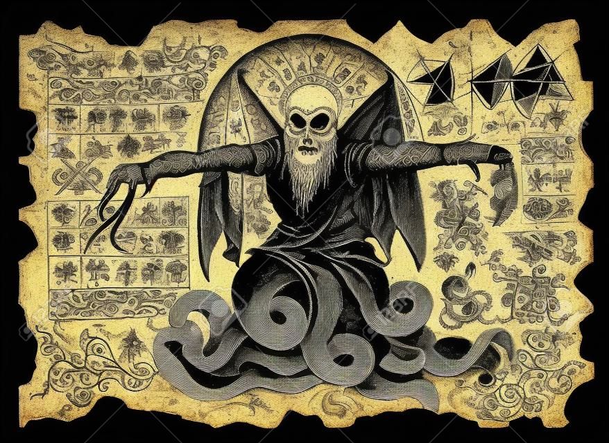 Vecchia pergamena con disegni mistici con demone malvagio e simboli di magia nera. illustrazioni occulti ed esoterici. Non vi è alcun testo straniero nell'immagine, tutti i simboli sono quelli immaginari e di fantasia