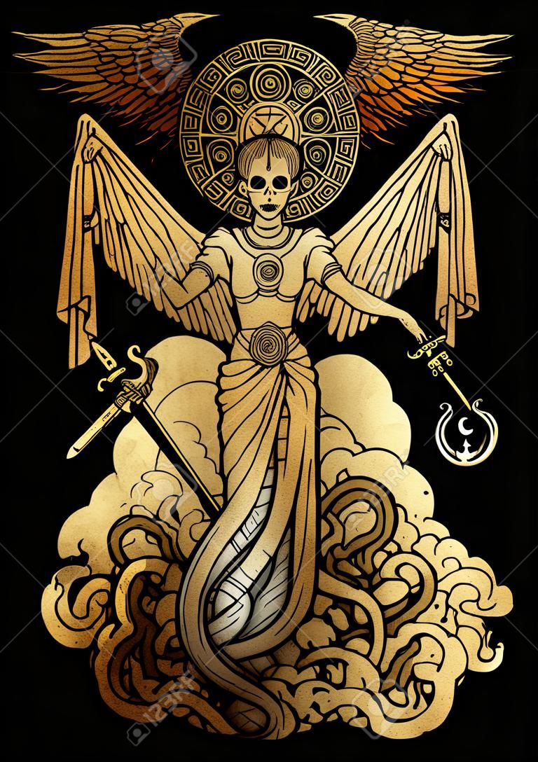 Ilustração mística com deusa do mal ou demônio feminino com tentáculos, crânio e símbolos espirituais místicos no fundo de papel antigo.