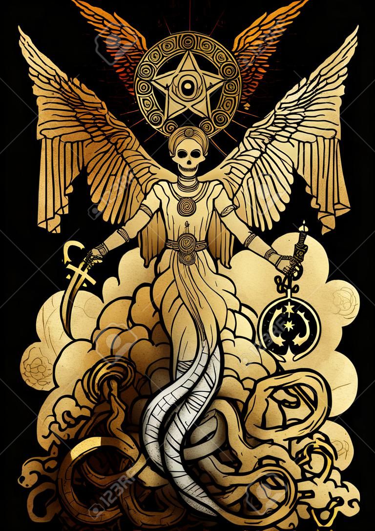 Ilustração mística com deusa do mal ou demônio feminino com tentáculos, crânio e símbolos espirituais místicos no fundo de papel antigo.