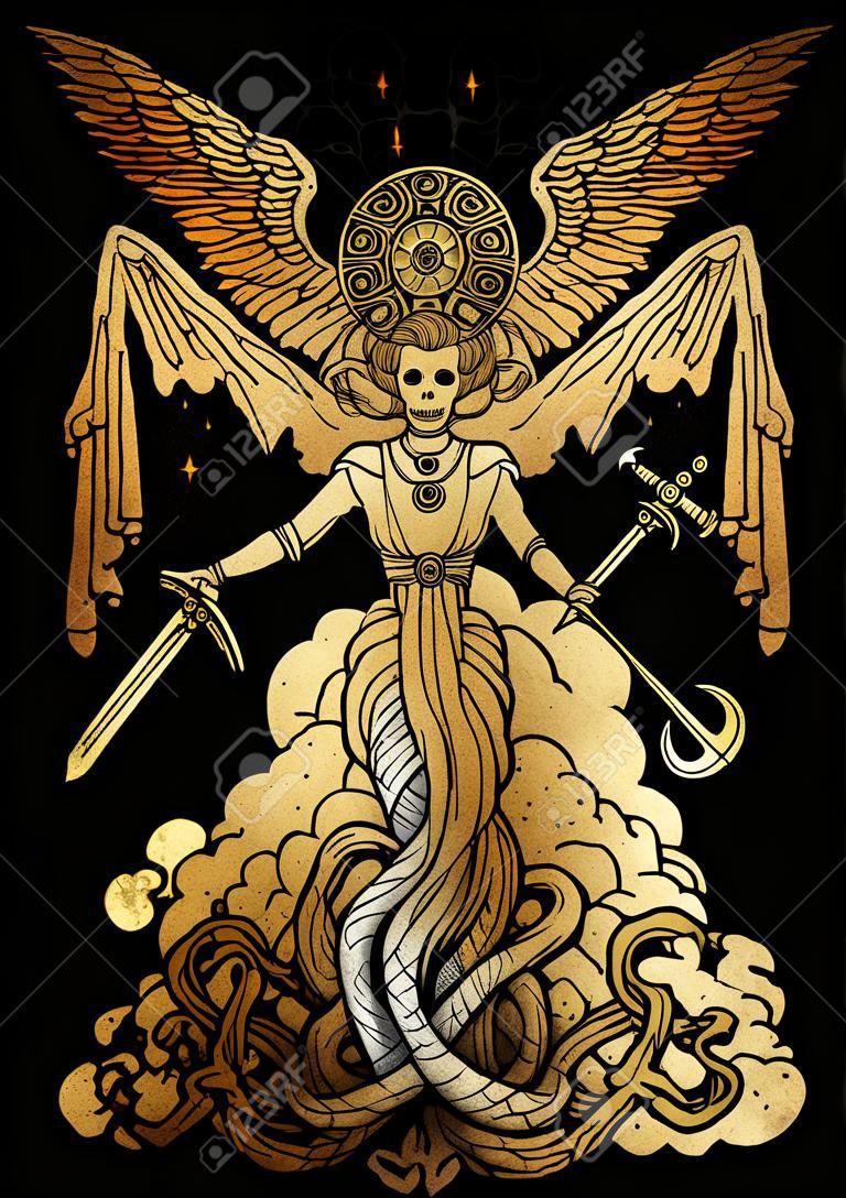 Mystic illustration with evil goddess or female demon with tentacles, skull and mystic spiritual symbols on old paper background. Occult and esoteric drawing, gothic and wicca concept