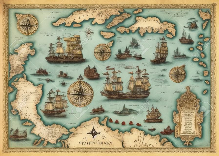 Alte Karte des karibischen Meeres mit dekorativen und Fantasieelementen, Piratensegelschiffe, Kompass. Piratenabenteuer, Schatzsuche und altes Transportkonzept. Handgezeichnete gravierte Darstellung, Vintage Hintergrund