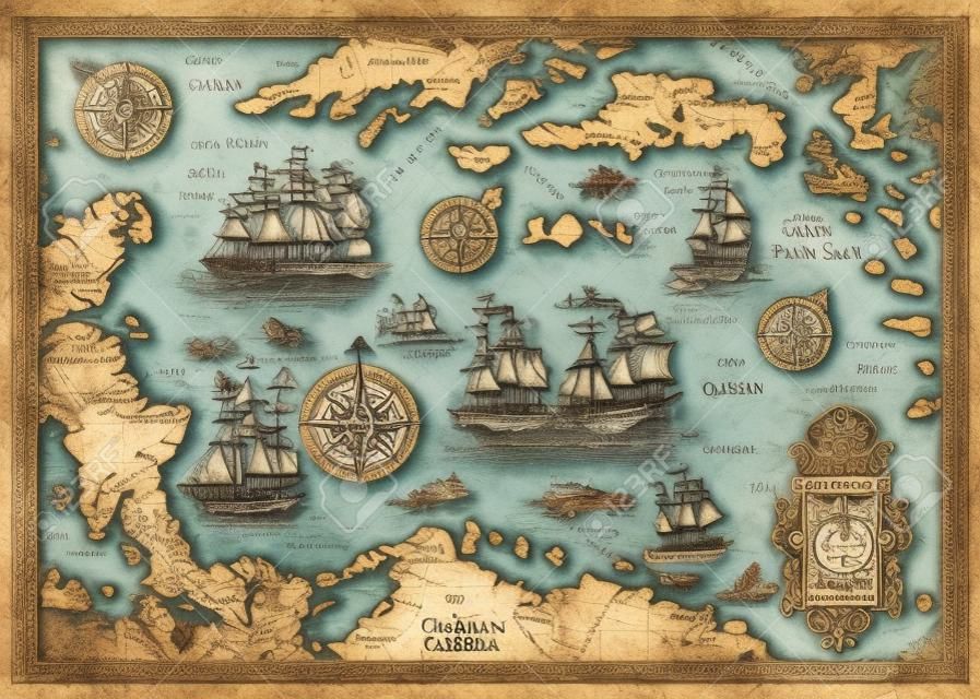 Old map of the Caribbean Sea with decorative and fantasy elements, pirate sailing ships, compass. Pirate adventures, treasure hunt and old transportation concept. Hand drawn engraved illustration, vintage background