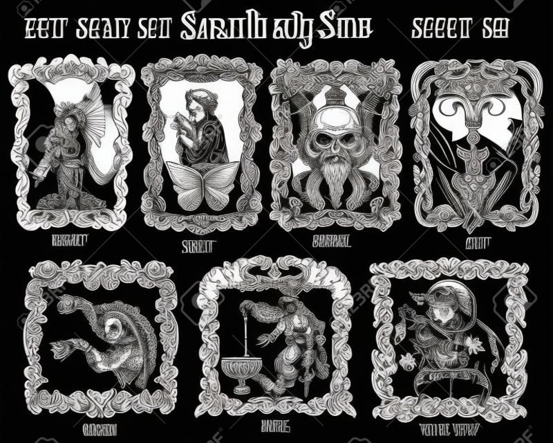 Set met zeven dodelijke zonden concept, zwart-wit vector collectie. Hand getekend gegraveerde illustratie, tatoeage en t-shirt ontwerp, religieus symbool