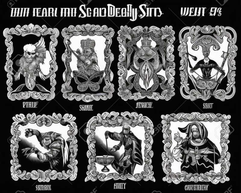 Set con il concetto di sette peccati capitali, raccolta vettoriale in bianco e nero. Illustrazione incisa disegnata a mano, disegno del tatuaggio e della maglietta, simbolo religioso
