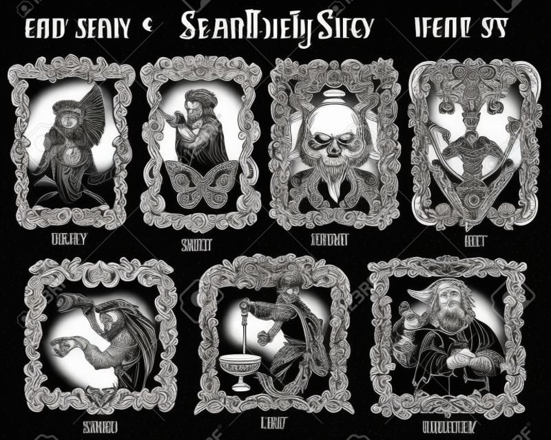 Set con il concetto di sette peccati capitali, raccolta vettoriale in bianco e nero. Illustrazione incisa disegnata a mano, disegno del tatuaggio e della maglietta, simbolo religioso